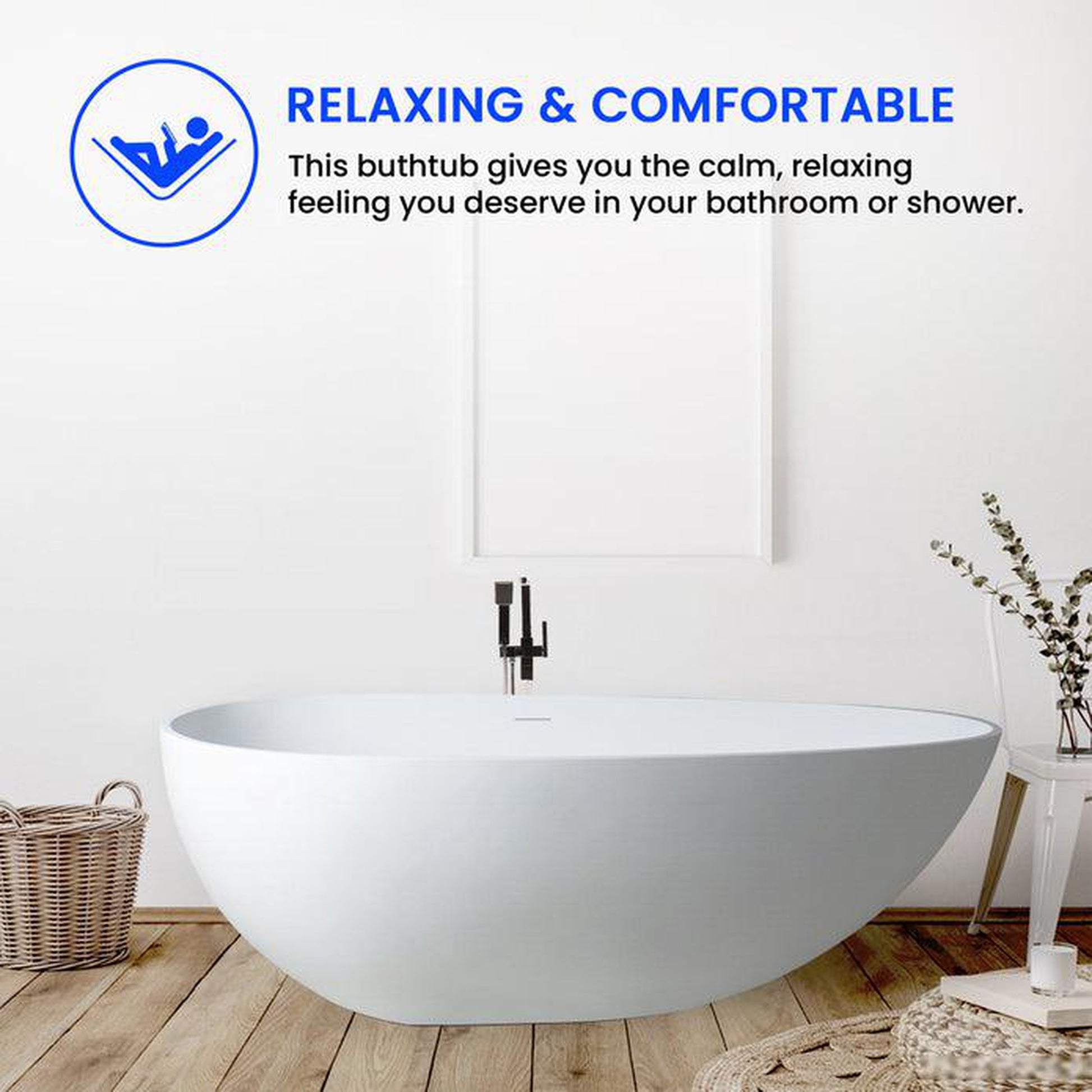 Vanity Art 59" Matte White Contemporary Design Soaking Tub With Overflow and Pop-up Drain