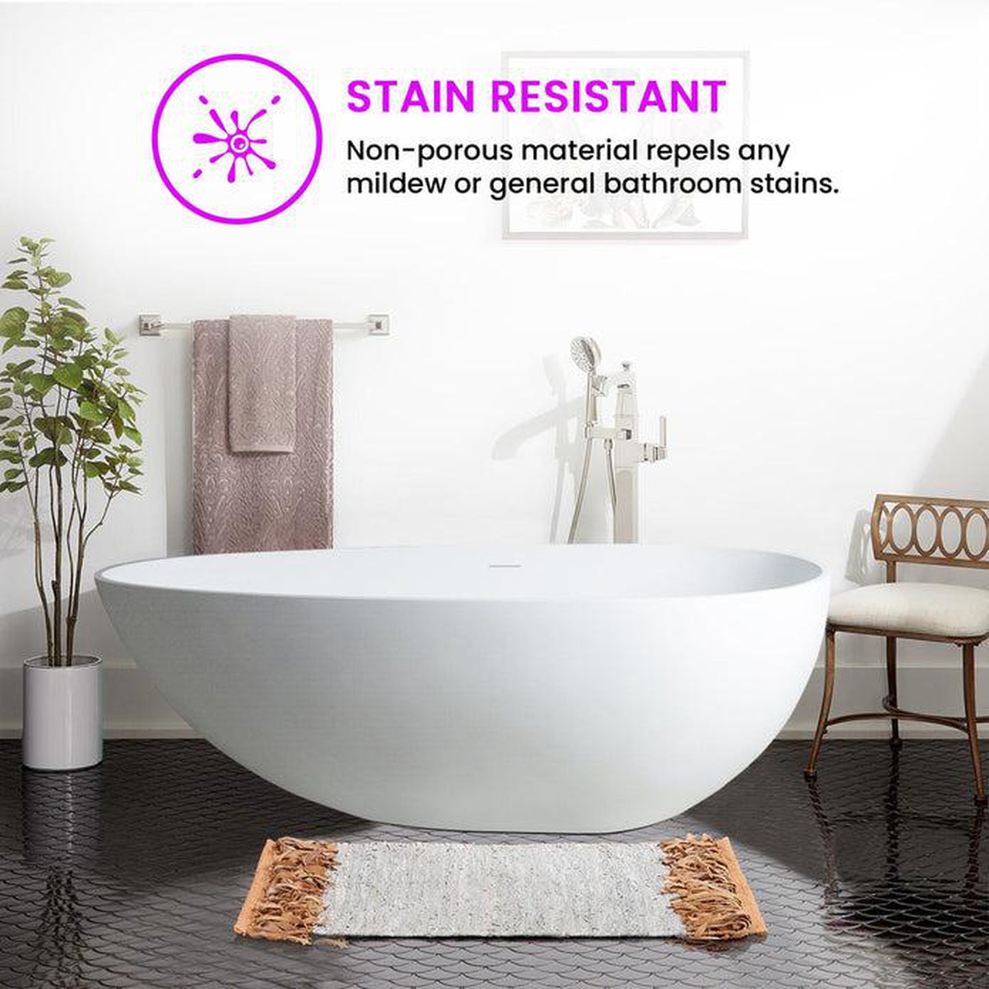 Vanity Art 59" Matte White Contemporary Design Soaking Tub With Overflow and Pop-up Drain