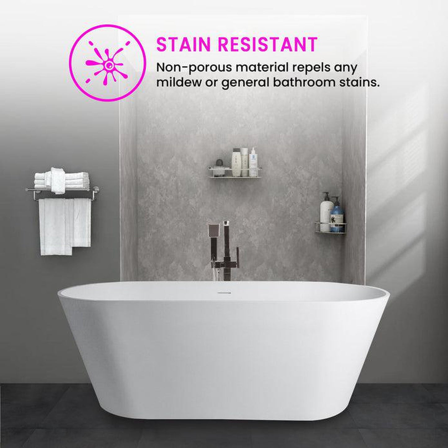 Vanity Art 59" Matte White Solid Surface Resin Stone Freestanding Bathtub With Overflow and Pop-up Drain