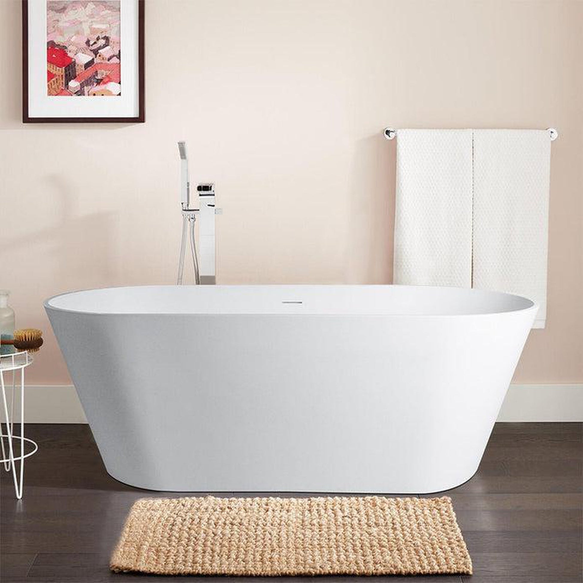 Vanity Art 59" Matte White Solid Surface Resin Stone Freestanding Bathtub With Overflow and Pop-up Drain