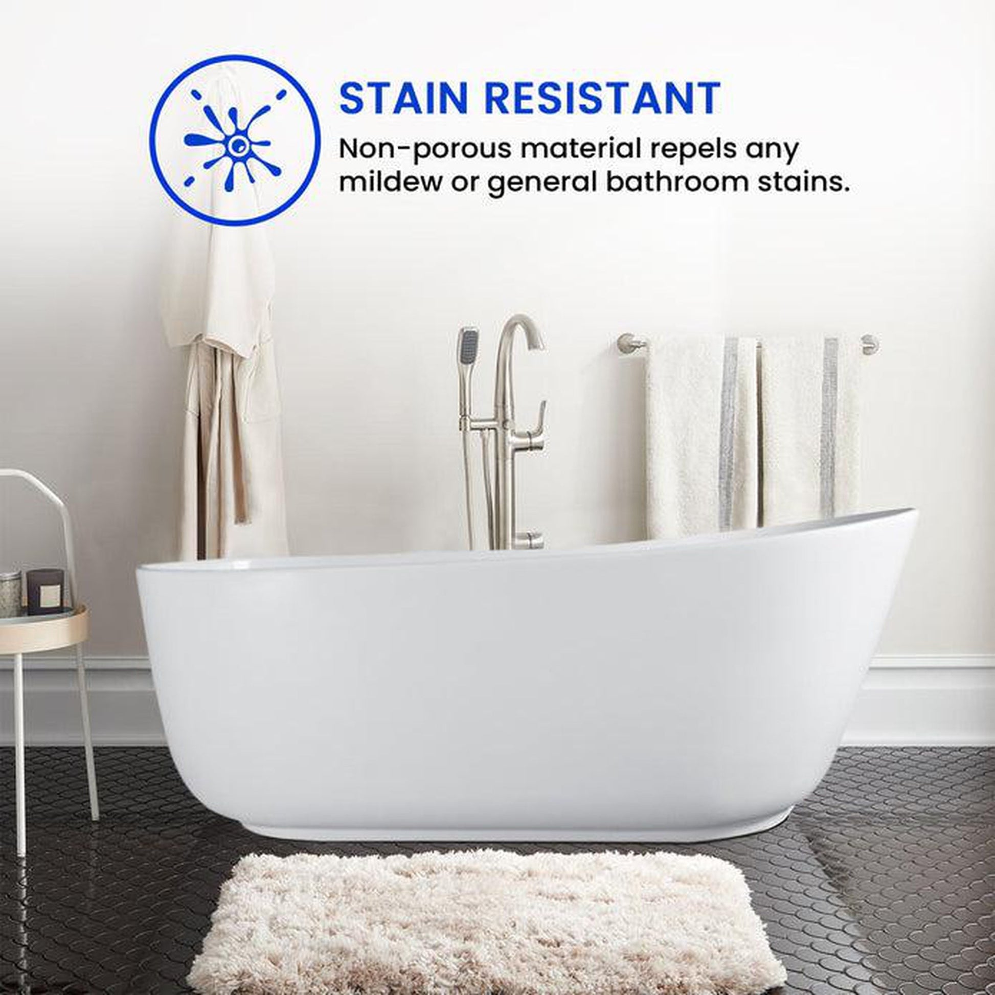 Vanity Art 59" Matte White Solid Surface Resin Stone Freestanding Flatbottom Bathtub With Overflow and Pop-up Drain