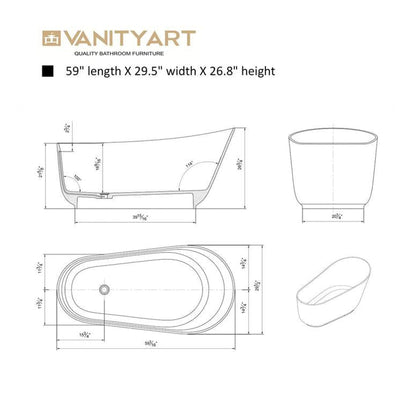 Vanity Art 59" Matte White Solid Surface Resin Stone Freestanding Flatbottom Bathtub With Overflow and Pop-up Drain