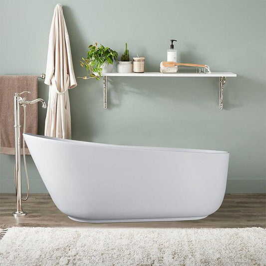 Vanity Art 59" Matte White Solid Surface Resin Stone Freestanding Flatbottom Bathtub With Overflow and Pop-up Drain