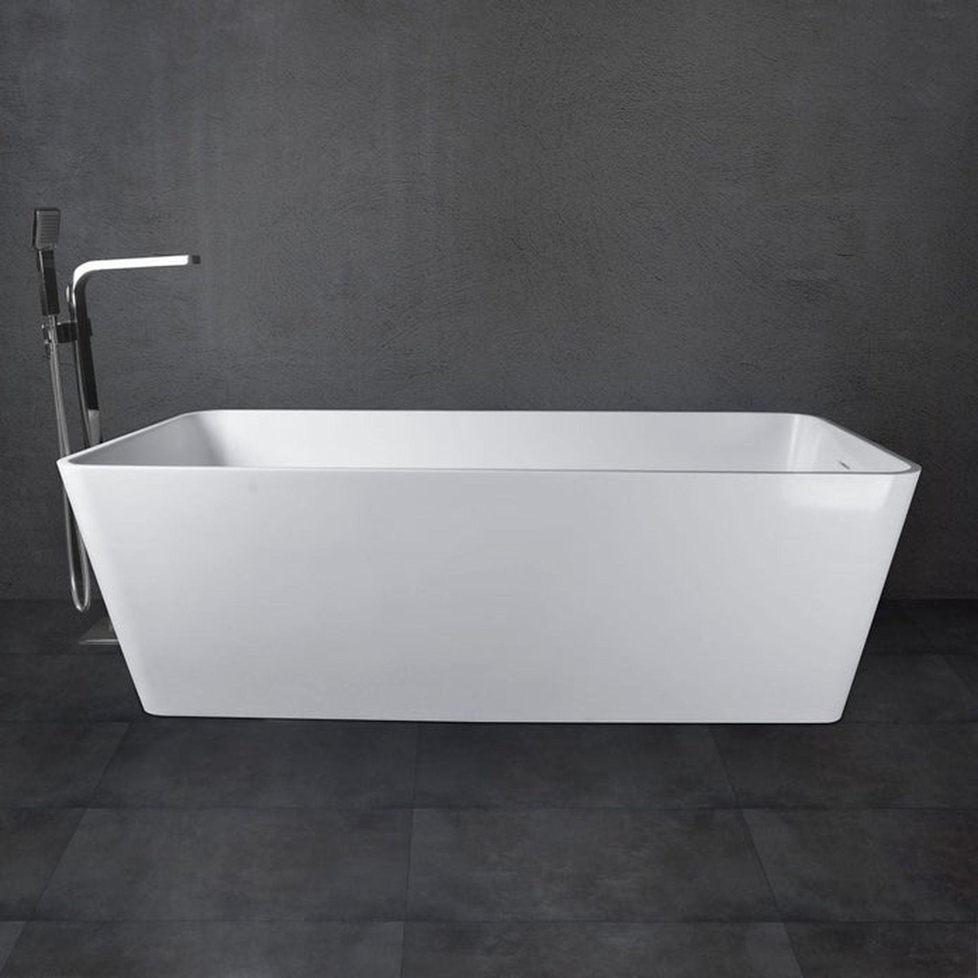 Vanity Art 59" Matte White Solid Surface Resin Stone Freestanding Soaking Tub With Slotted Overflow and Pop-up Drain