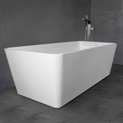 Vanity Art 59" Matte White Solid Surface Resin Stone Freestanding Soaking Tub With Slotted Overflow and Pop-up Drain