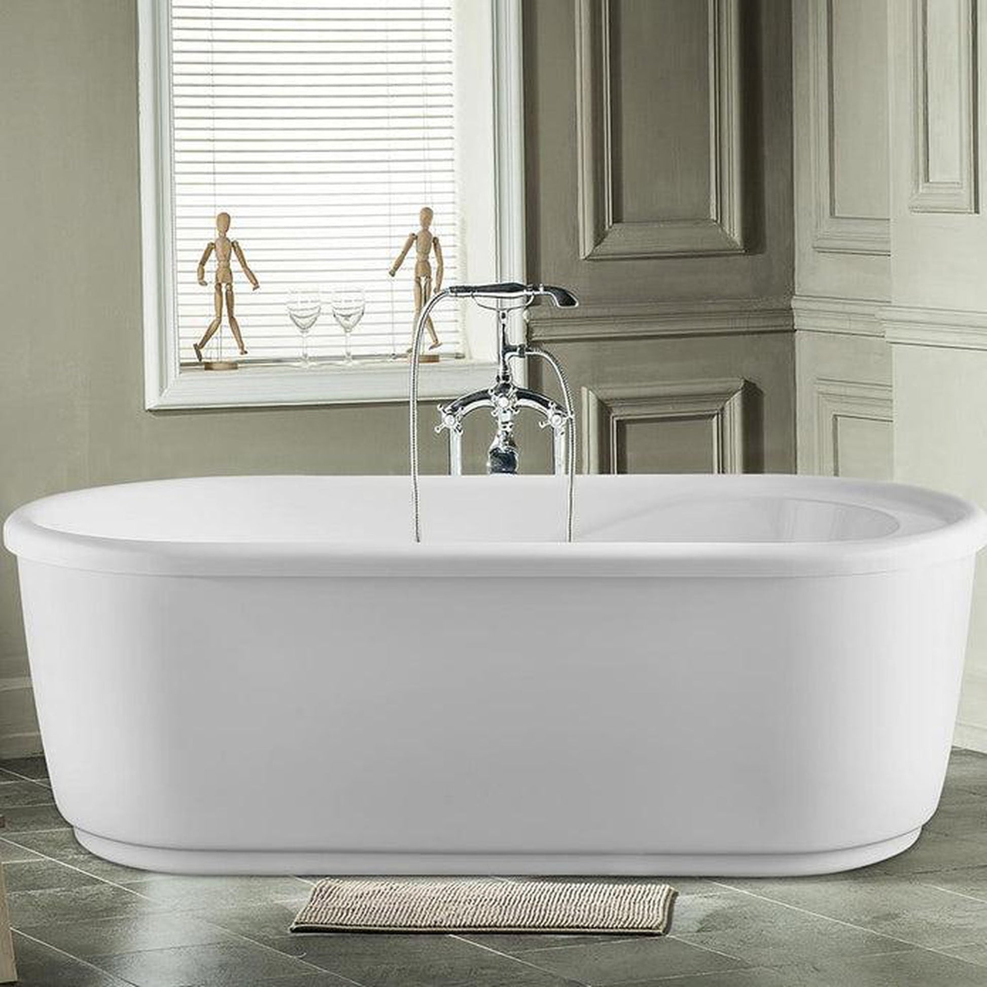 Vanity Art 59" W x 23" H White Acrylic Freestanding Bathtub With Polished Chrome Round Overflow and Pop-up Drain