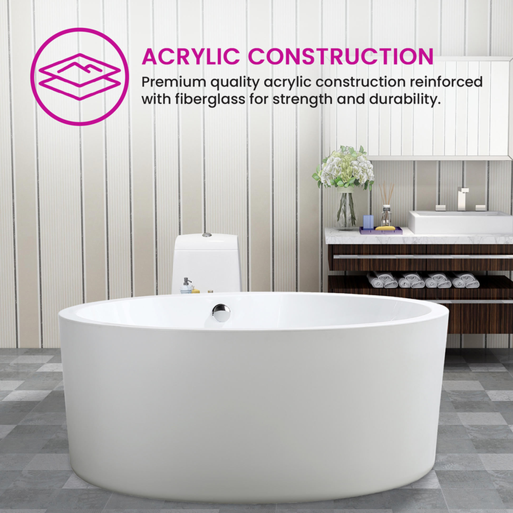 Vanity Art 59" White Acrylic Freestanding Bathtub With Chrome Pop-up Drain, Round Overflow and Flexible Drain Hose