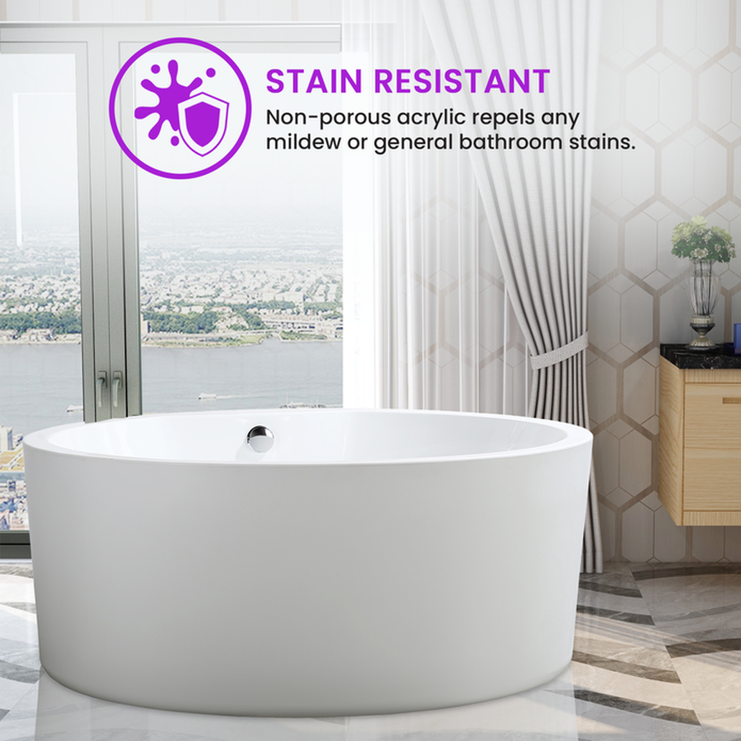 Vanity Art 59" White Acrylic Freestanding Bathtub With Chrome Pop-up Drain, Round Overflow and Flexible Drain Hose