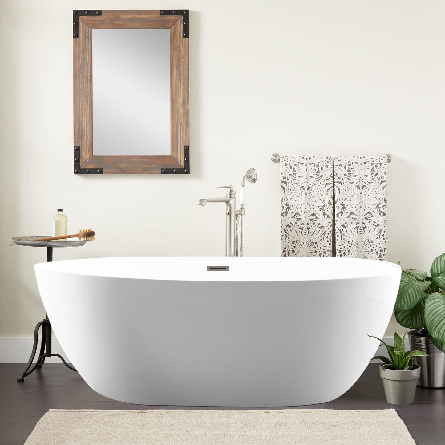 Vanity Art 59" x 22" White Acrylic Freestanding Contemporary Design Soaking Bathtub With Brushed Nickel Slotted Overflow & Pop-up Drain