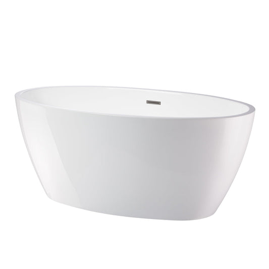 Vanity Art 59" x 22" White Acrylic Freestanding Contemporary Design Soaking Bathtub With Brushed Nickel Slotted Overflow & Pop-up Drain