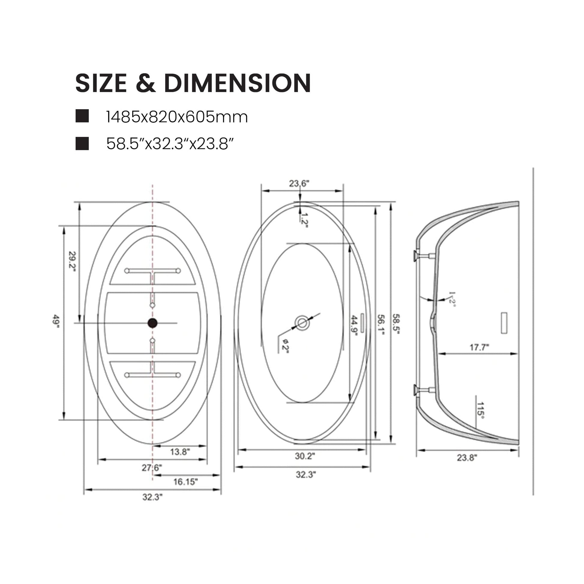 Vanity Art 59" x 22" White Acrylic Freestanding Contemporary Design Soaking Bathtub With Matte Black Slotted Overflow & Pop-up Drain