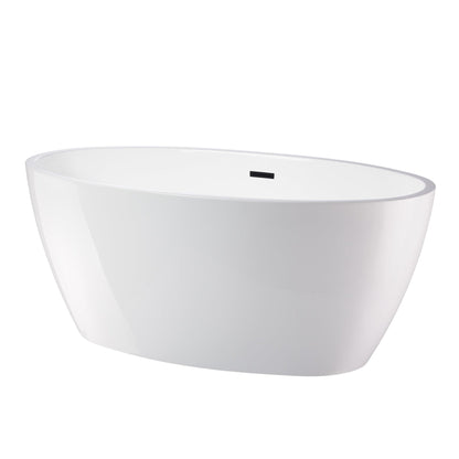 Vanity Art 59" x 22" White Acrylic Freestanding Contemporary Design Soaking Bathtub With Matte Black Slotted Overflow & Pop-up Drain