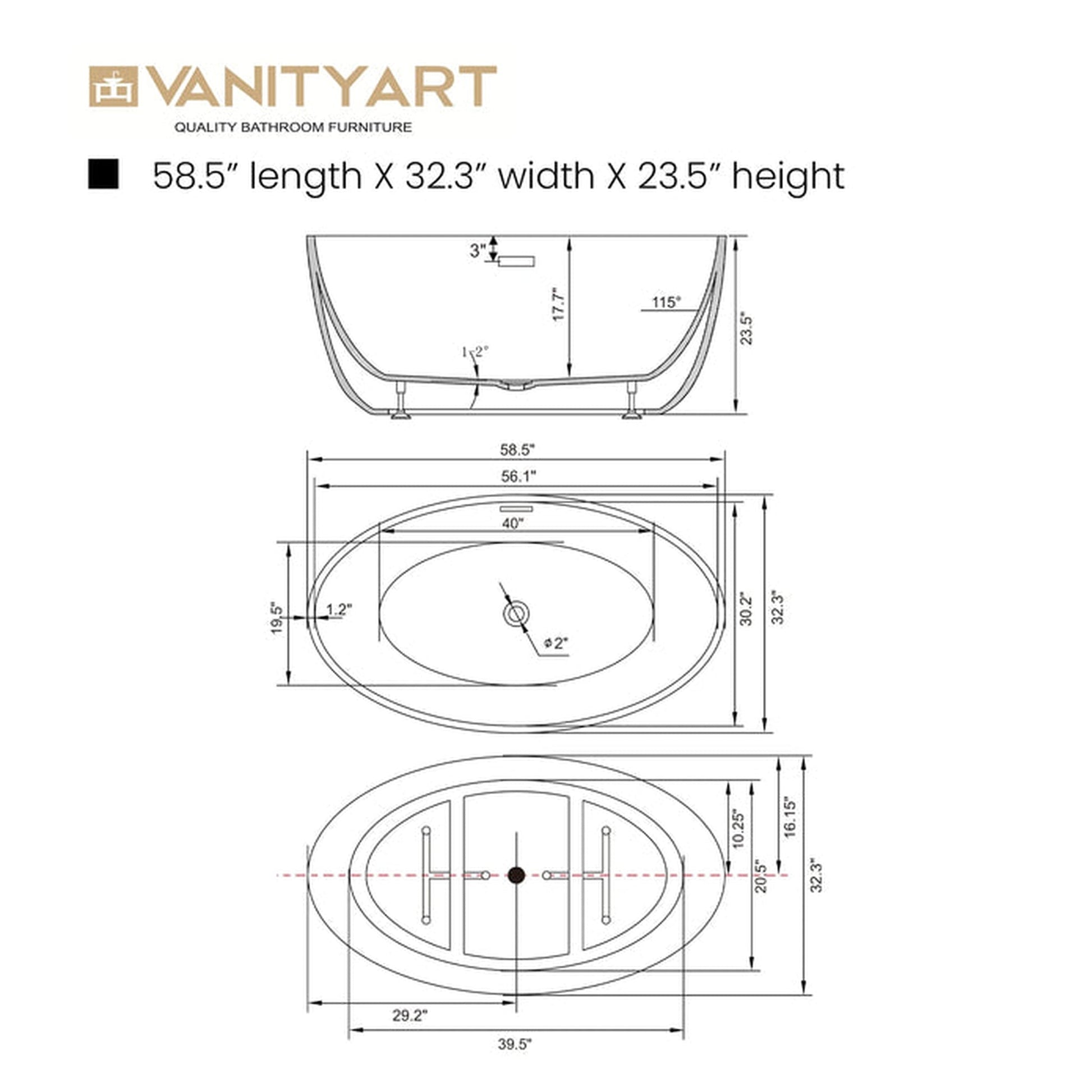 Vanity Art 59" x 22" White Acrylic Freestanding Contemporary Design Soaking Bathtub With Polished Chrome Slotted Overflow & Pop-up Drain