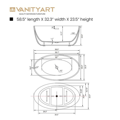 Vanity Art 59" x 22" White Acrylic Freestanding Contemporary Design Soaking Bathtub With Polished Chrome Slotted Overflow & Pop-up Drain