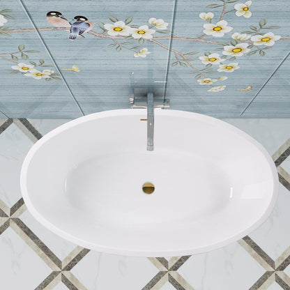 Vanity Art 59" x 22" White Acrylic Freestanding Contemporary Design Soaking Bathtub With Titanium Gold Slotted Overflow & Pop-up Drain