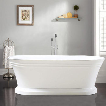 Vanity Art 59" x 24" White Acrylic Modern Freestanding Bathtub With Polished Chrome Pop-up Drain, Slotted Overflow and Flexible Drain Hose
