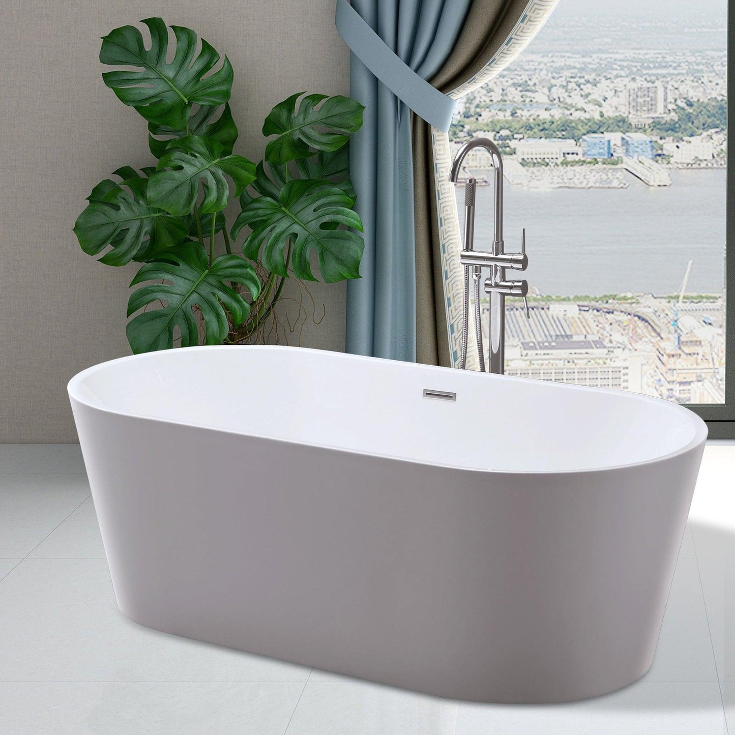 Vanity Art 59" x 30" White Acrylic Freestanding Non-Slip Soaking Bathtub With Polished Chrome Drain Finish