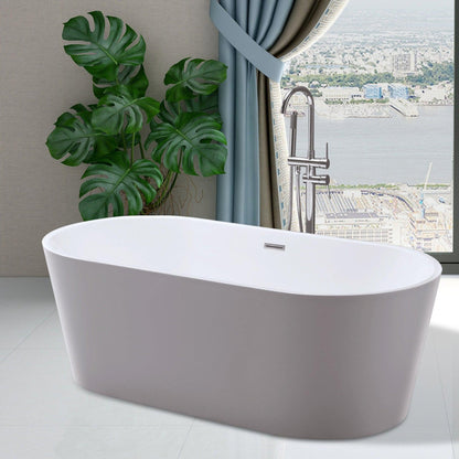 Vanity Art 59" x 30" White Acrylic Freestanding Non-Slip Soaking Bathtub With Polished Chrome Drain Finish