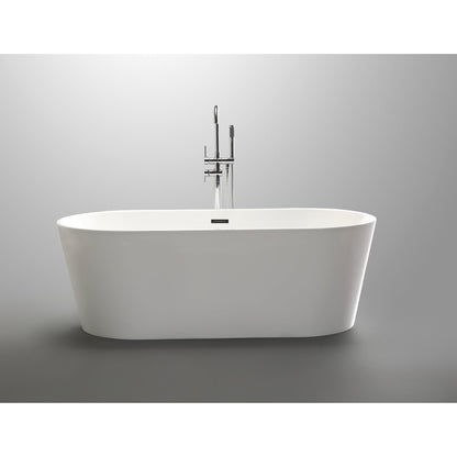 Vanity Art 59" x 30" White Acrylic Freestanding Non-Slip Soaking Bathtub With Polished Chrome Drain Finish