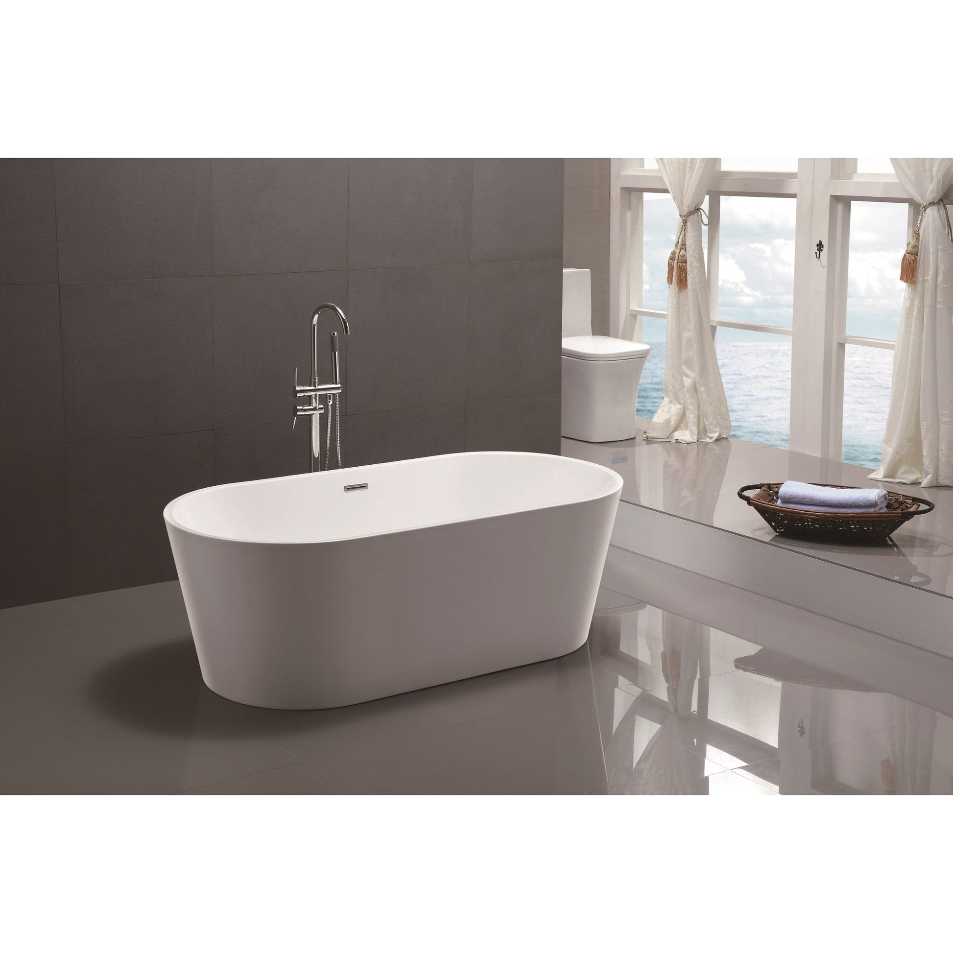 Vanity Art 59" x 30" White Acrylic Freestanding Non-Slip Soaking Bathtub With Polished Chrome Drain Finish