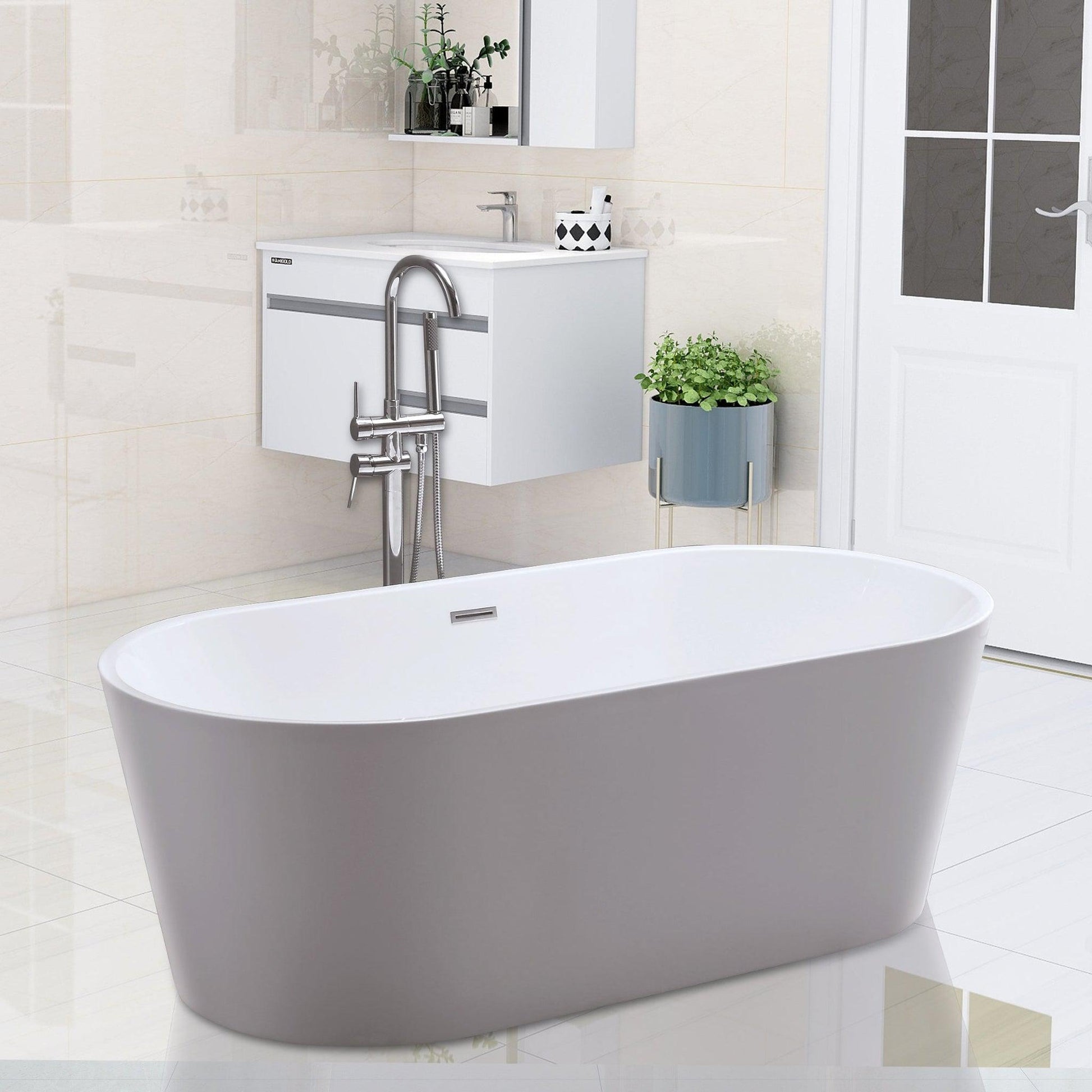 Vanity Art 59" x 30" White Acrylic Freestanding Non-Slip Soaking Bathtub With Polished Chrome Drain Finish