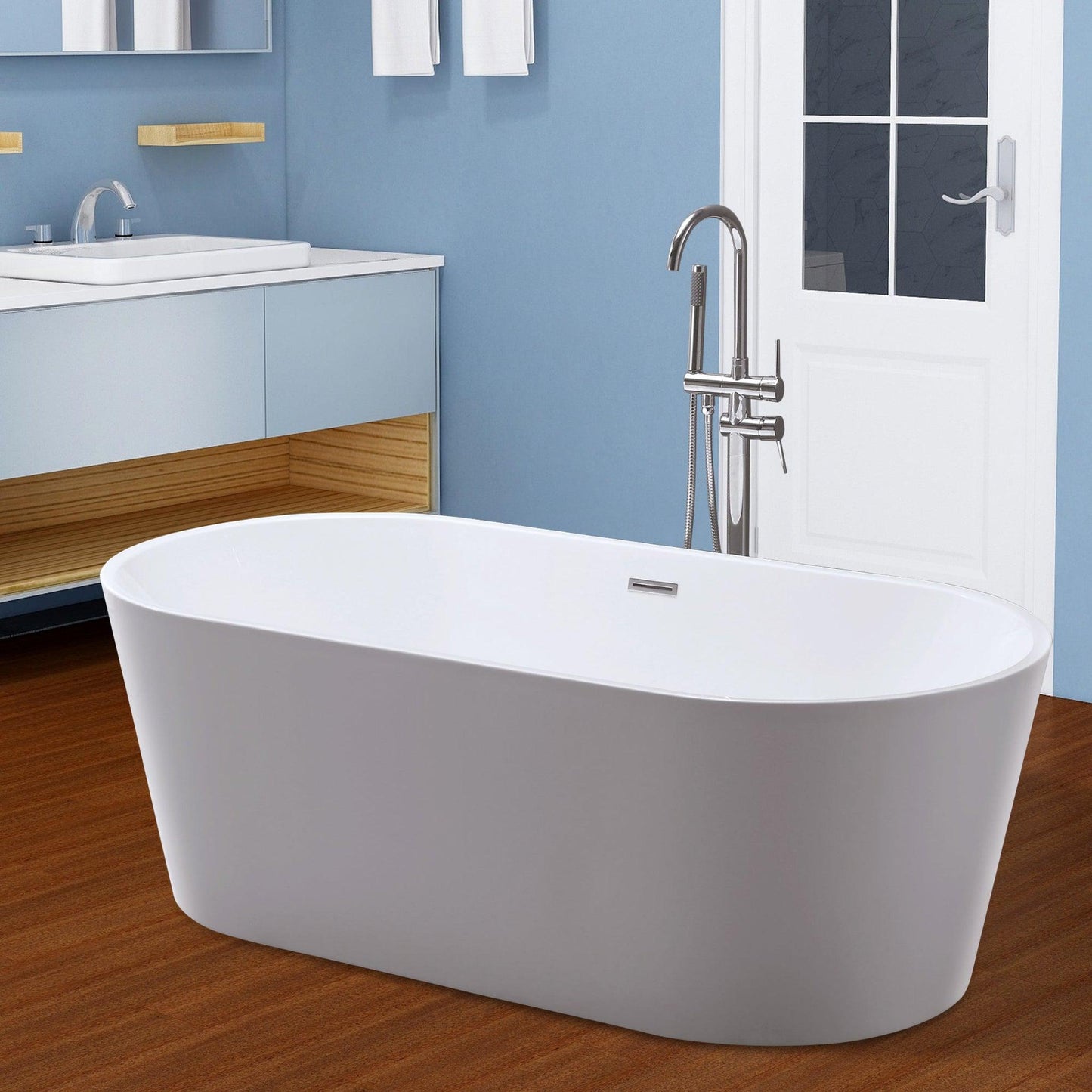 Vanity Art 59" x 30" White Acrylic Freestanding Non-Slip Soaking Bathtub With Polished Chrome Drain Finish