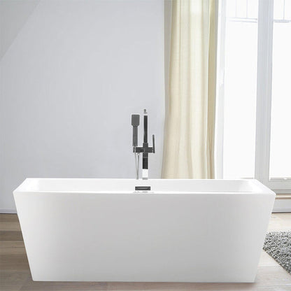 Vanity Art 59" x 30" White Acrylic Rectangle Freestanding Bathtub With Polished Chrome Pop-up Drain, Slotted Overflow and Flexible Drain Hose