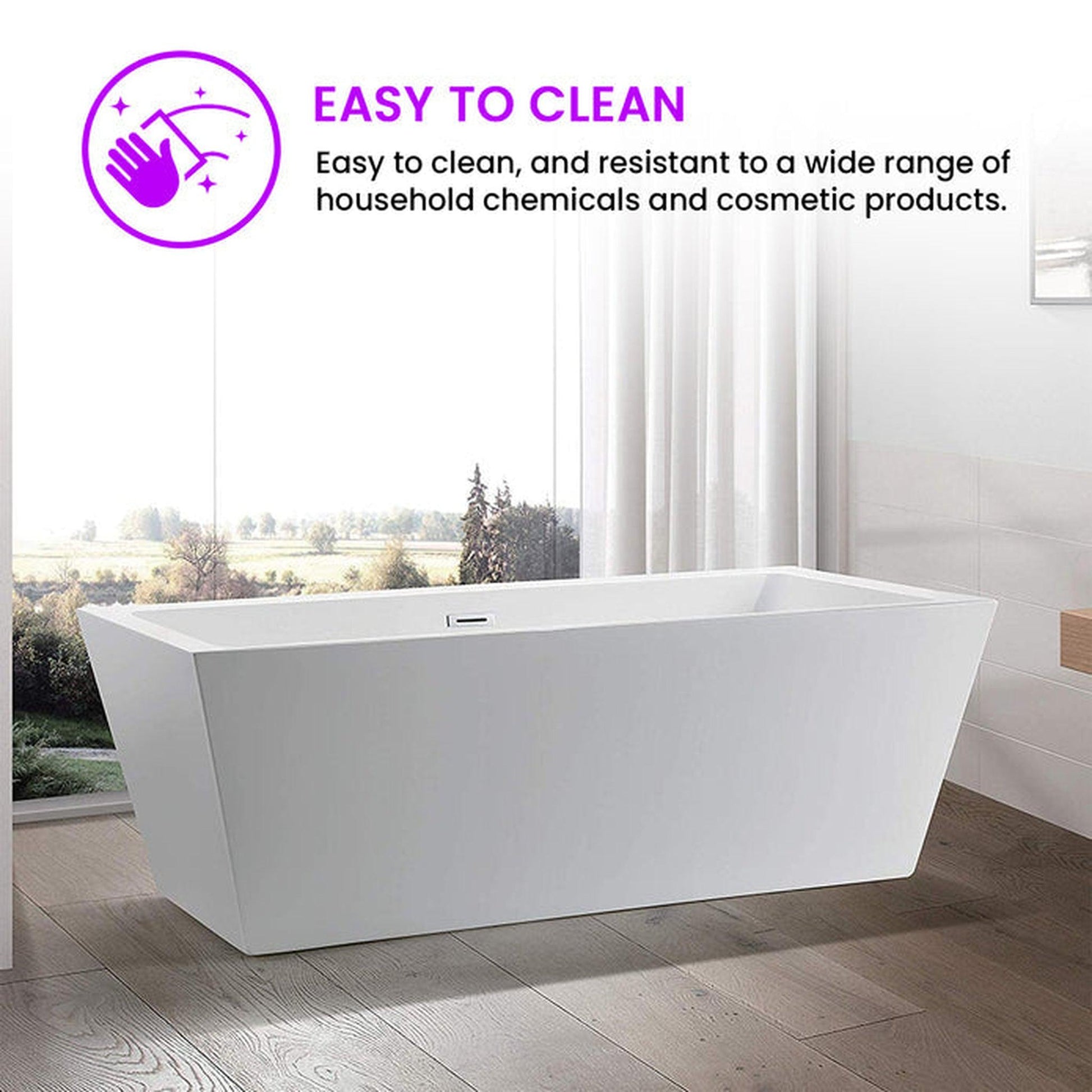 Vanity Art 59" x 30" White Acrylic Rectangle Freestanding Bathtub With Polished Chrome Pop-up Drain, Slotted Overflow and Flexible Drain Hose