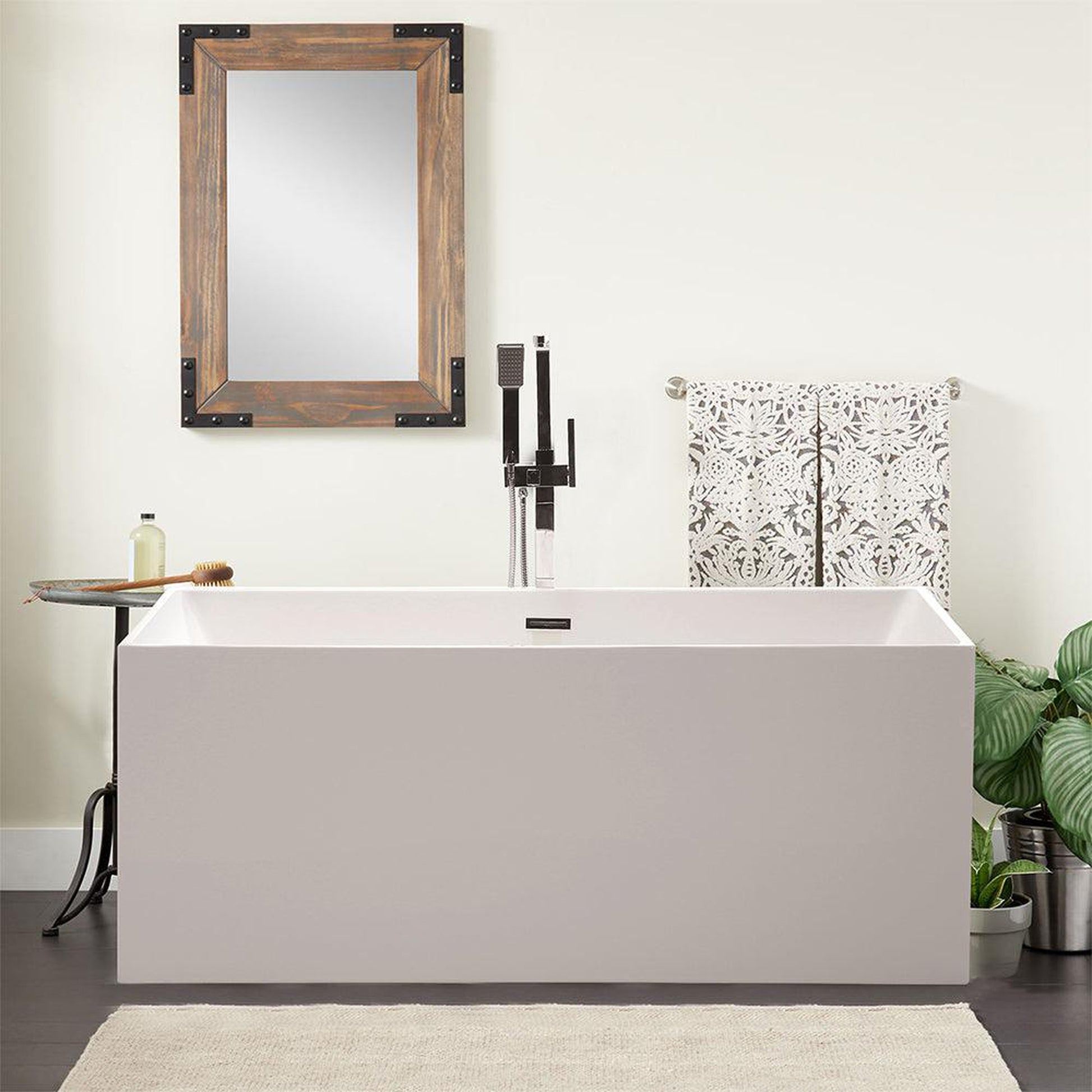 Vanity Art 59" x 30" White Rectangle Acrylic Modern Stand Alone Soaking Tub With Polished Chrome Pop-up Drain, Slotted Overflow and Flexible Drain Hose