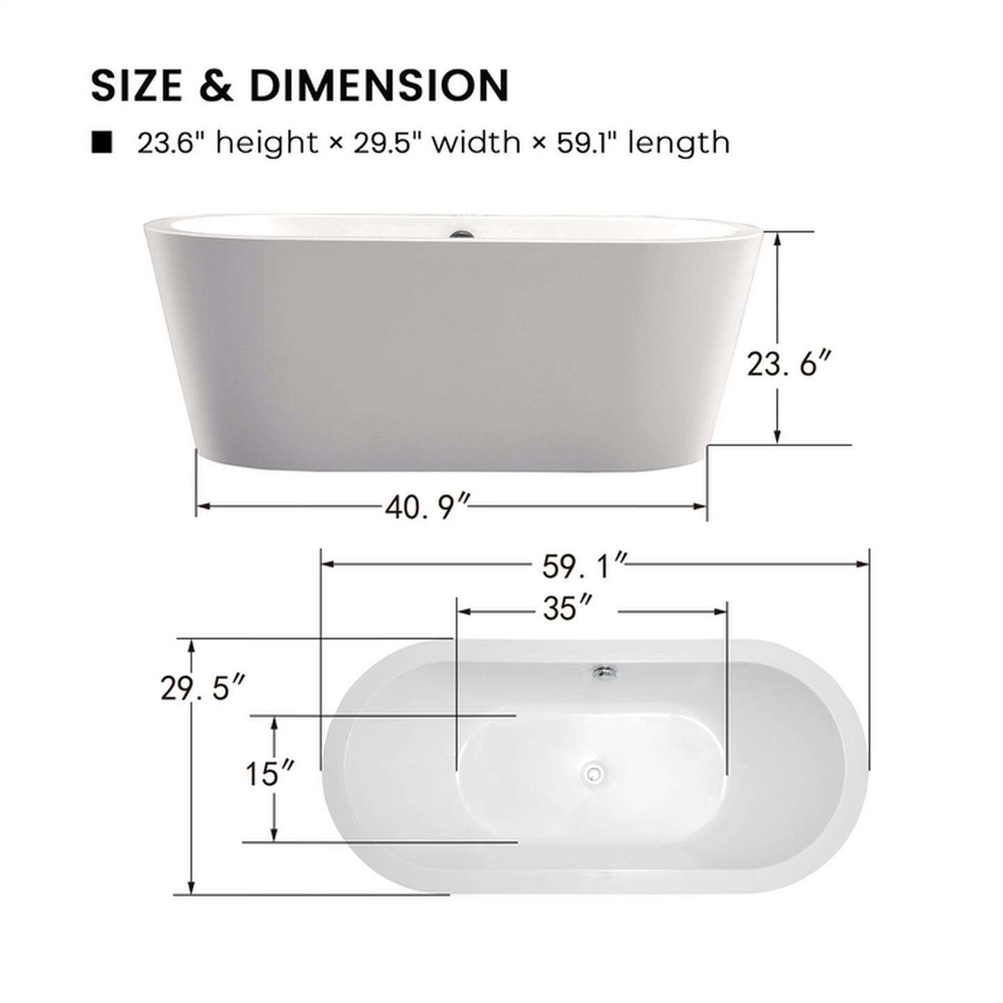 Vanity Art 59" x 32" White Acrylic Modern Stand Alone Soaking Tub With Polished Chrome Pop-up Drain, Round Overflow and Flexible Drain Hose