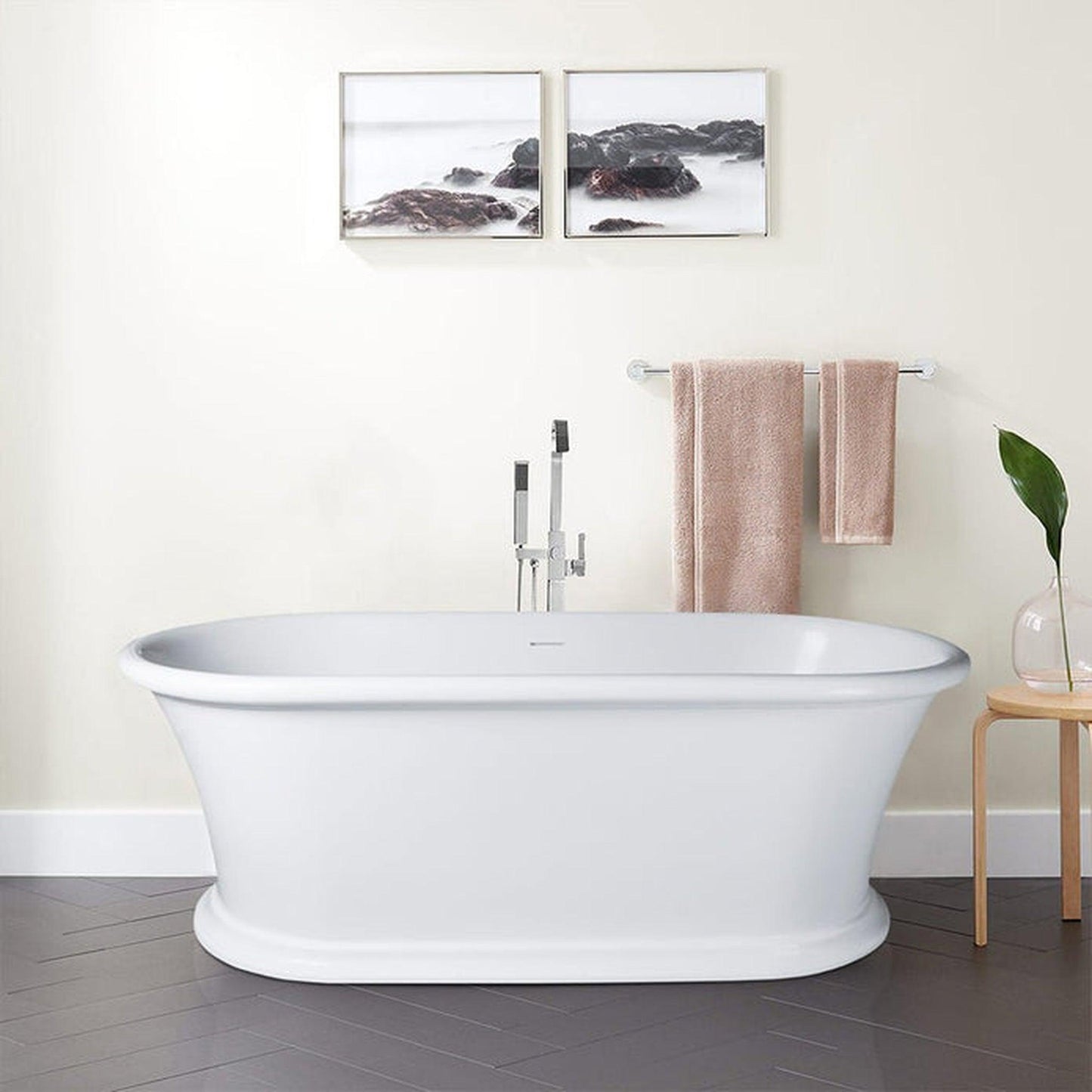 Vanity Art 61" Glossy White Flatbottom Freestanding Solid Surface Resin Stone Bathtub With Slotted Overflow and Pop-up Drain