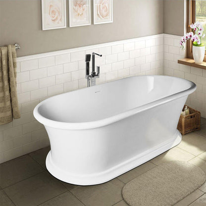 Vanity Art 61" Glossy White Flatbottom Freestanding Solid Surface Resin Stone Bathtub With Slotted Overflow and Pop-up Drain