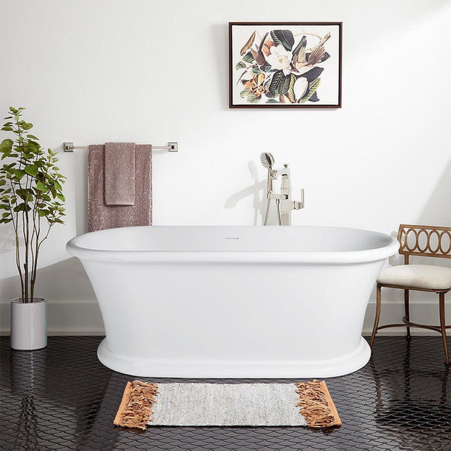 Vanity Art 61" Matte White Flatbottom Freestanding Solid Surface Resin Stone Bathtub With Slotted Overflow and Pop-up Drain