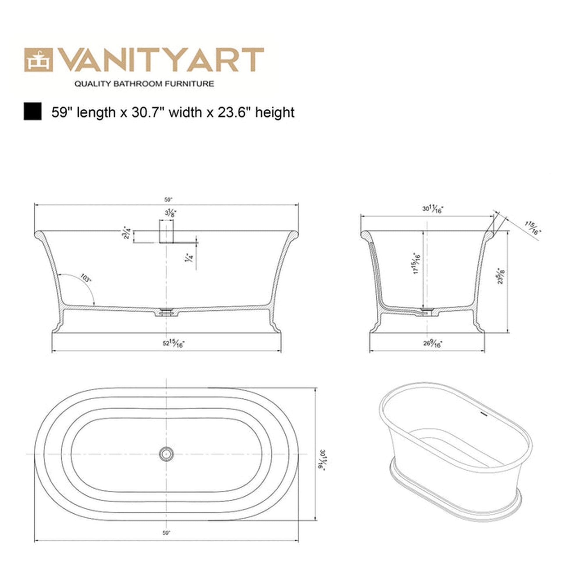 Vanity Art 61" Matte White Flatbottom Freestanding Solid Surface Resin Stone Bathtub With Slotted Overflow and Pop-up Drain