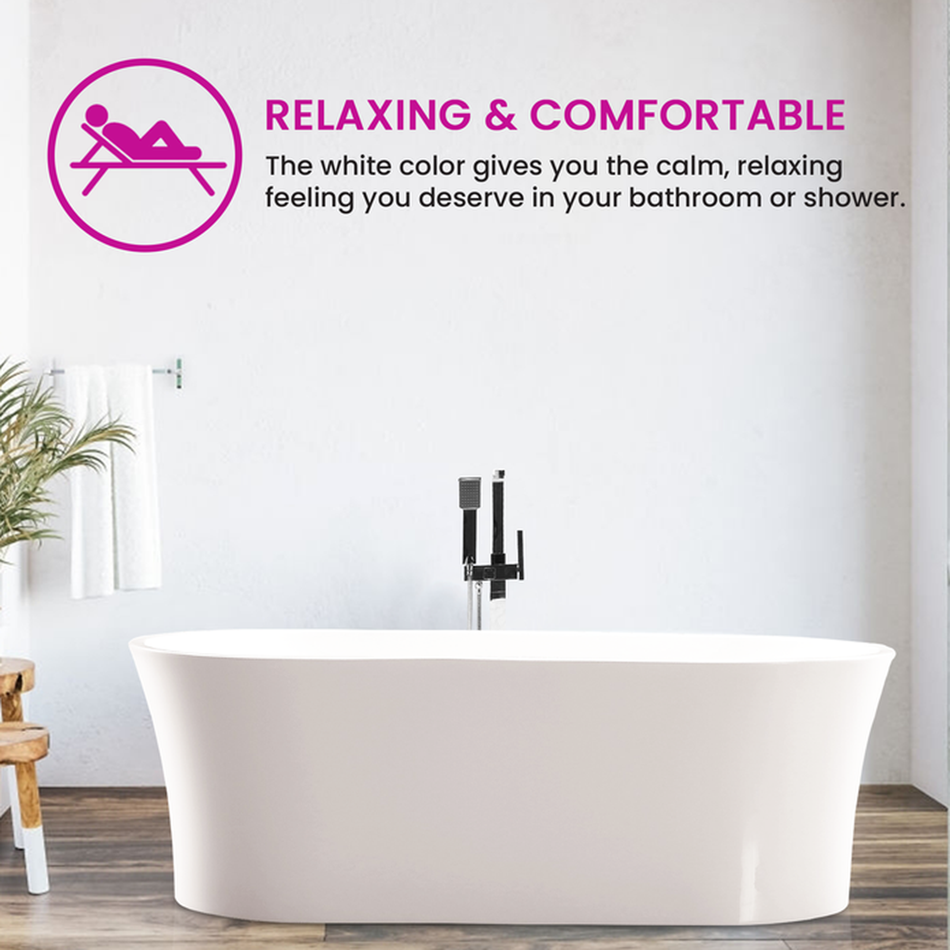 Vanity Art 63" x 30" White Acrylic Freestanding Bathtub With Chrome Pop-up Drain, Overflow and Flexible Drain Hose