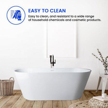 Vanity Art 65" Glossy White Solid Surface Resin Stone Freestanding Bathtub With Overflow and Pop-up Drain