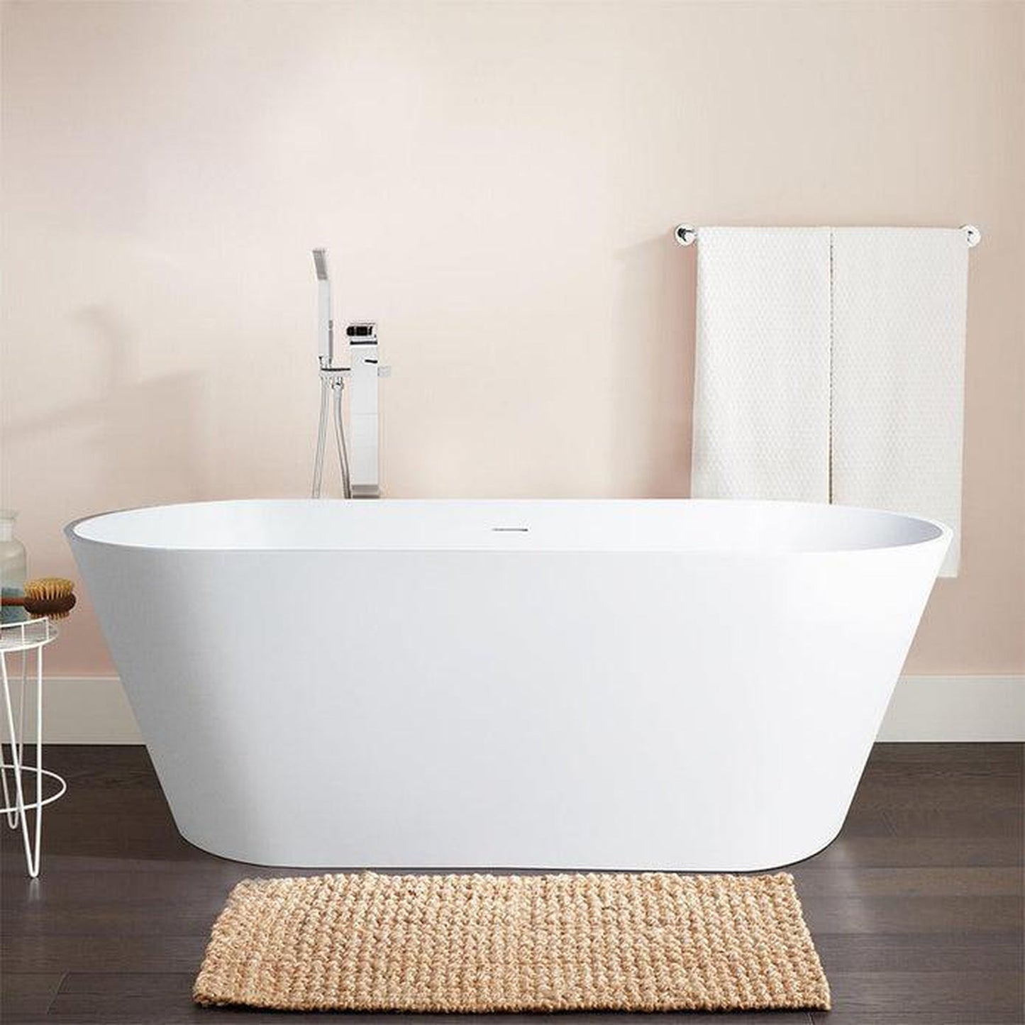 Vanity Art 65" Glossy White Solid Surface Resin Stone Freestanding Bathtub With Overflow and Pop-up Drain