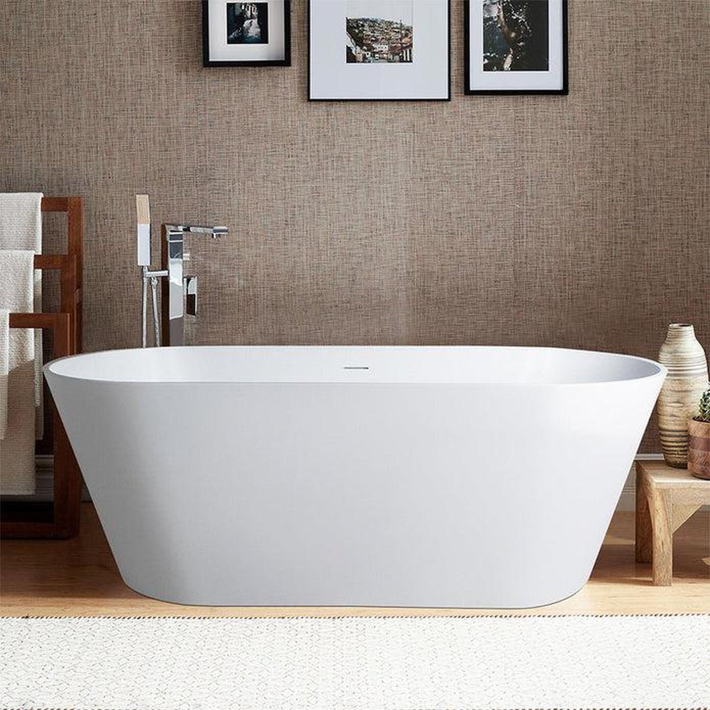 Vanity Art 65" Glossy White Solid Surface Resin Stone Freestanding Bathtub With Overflow and Pop-up Drain