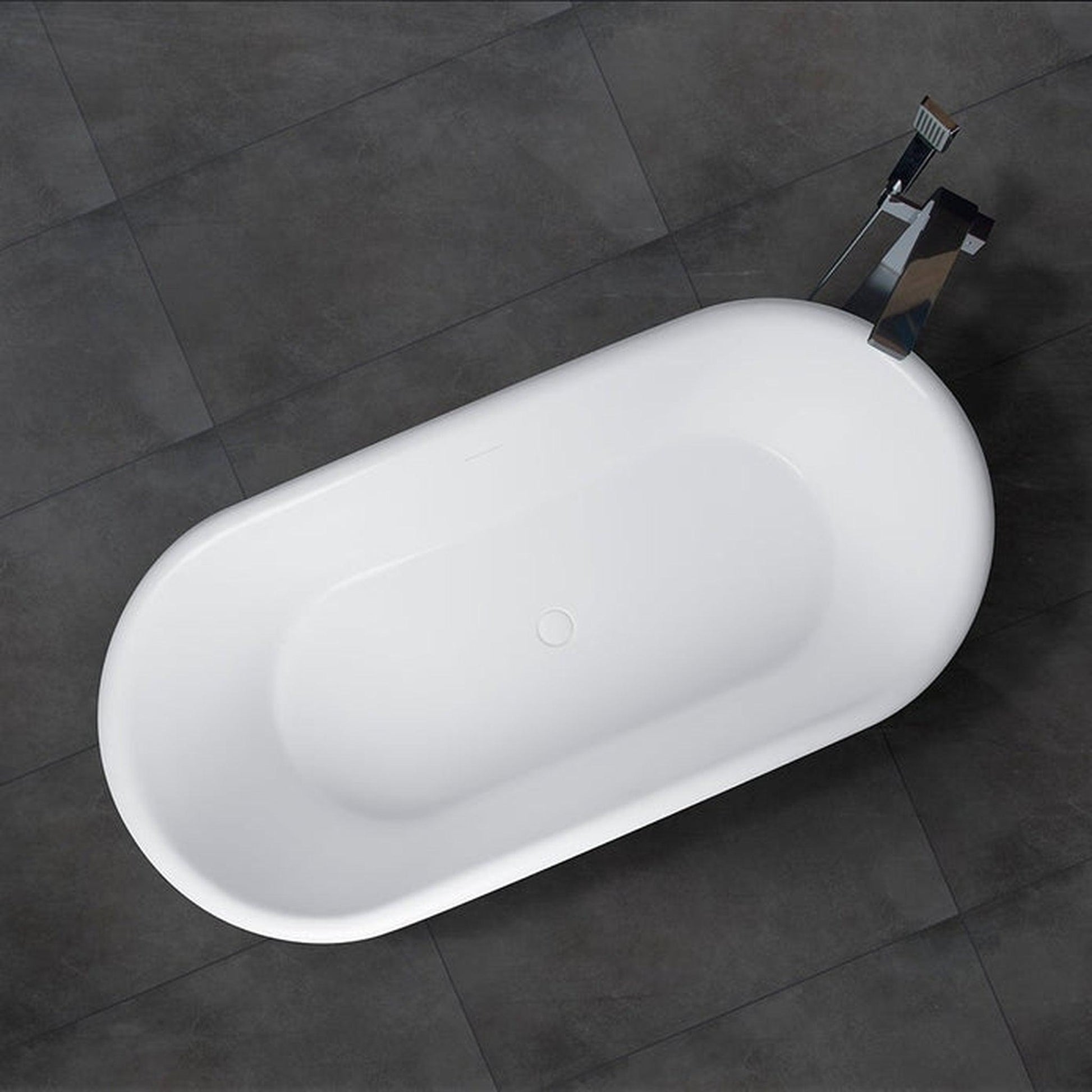 Vanity Art 67" Glossy White Flatbottom Freestanding Solid Surface Resin Stone Bathtub With Slotted Overflow and Pop-up Drain