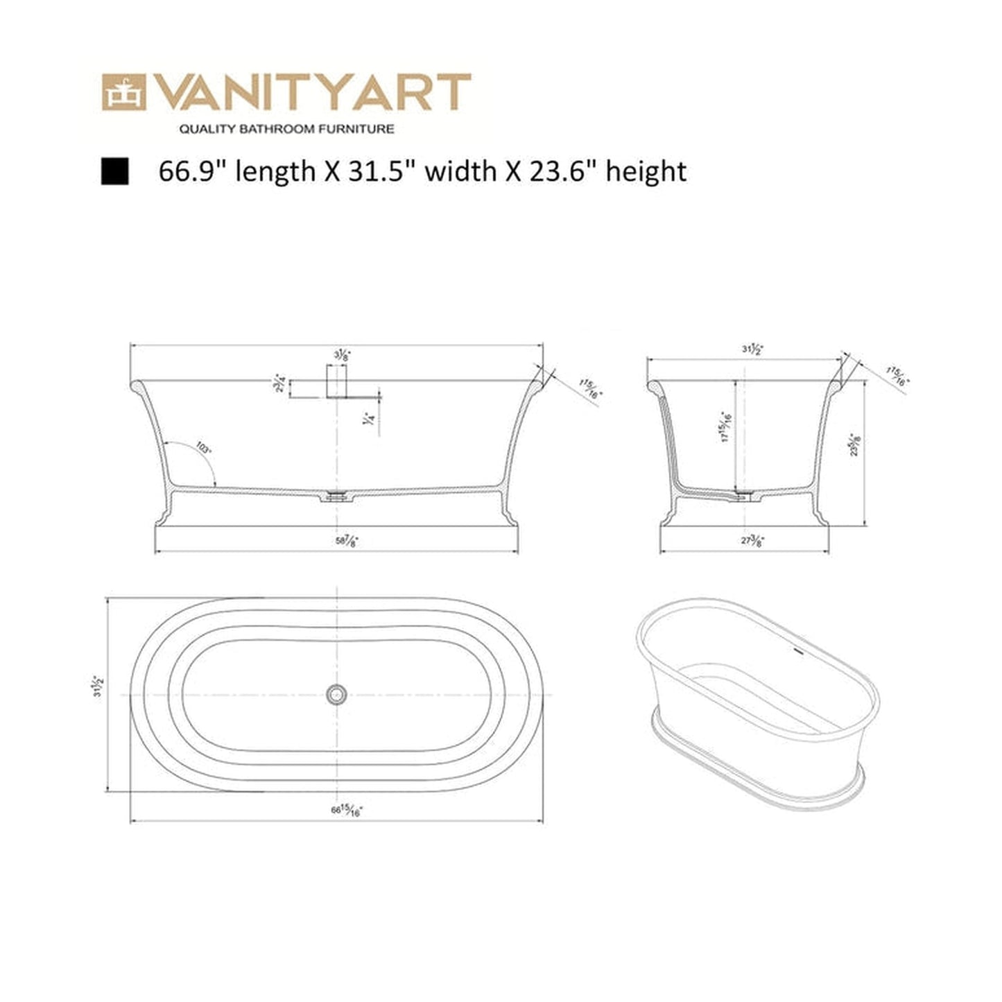 Vanity Art 67" Glossy White Flatbottom Freestanding Solid Surface Resin Stone Bathtub With Slotted Overflow and Pop-up Drain