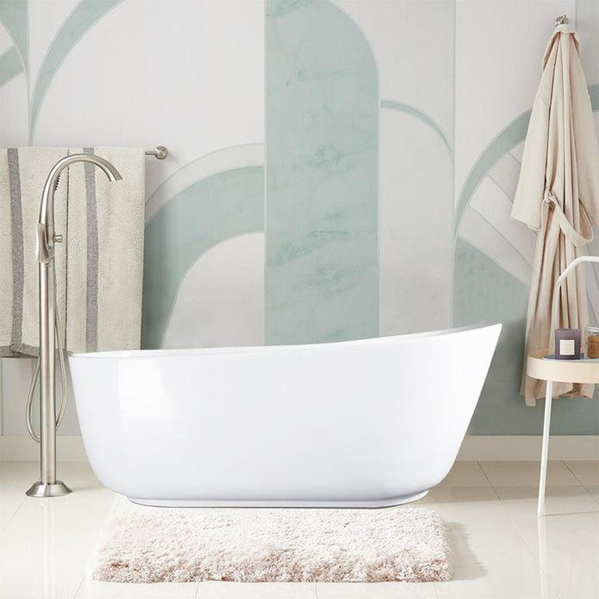 Vanity Art 67" Glossy White Solid Surface Resin Stone Freestanding Flatbottom Bathtub With Overflow and Pop-up Drain