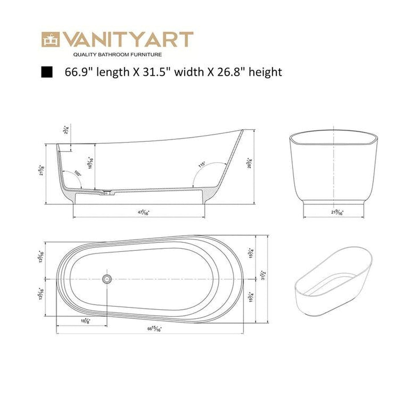 Vanity Art 67" Glossy White Solid Surface Resin Stone Freestanding Flatbottom Bathtub With Overflow and Pop-up Drain