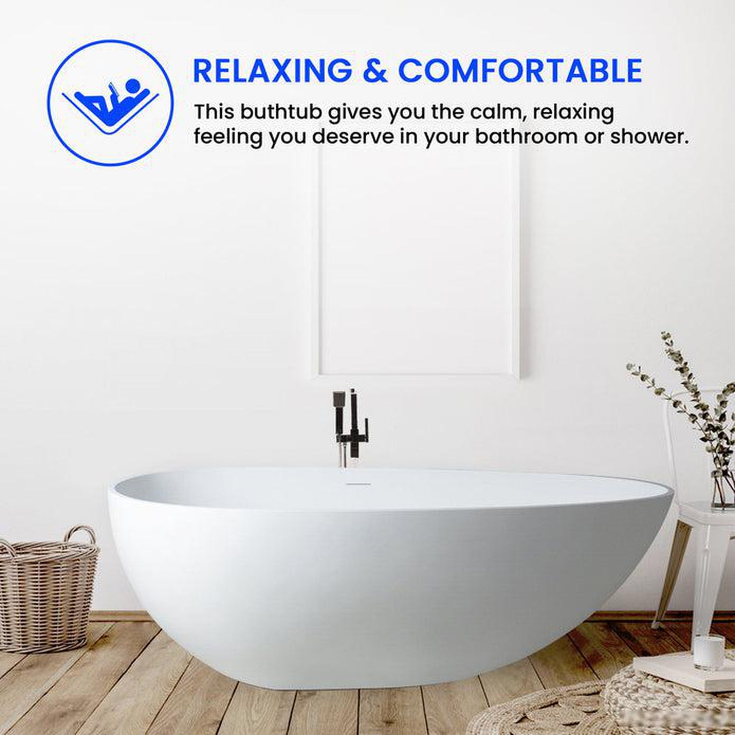 Vanity Art 67" Matte White Contemporary Design Soaking Tub With Overflow and Pop-up Drain