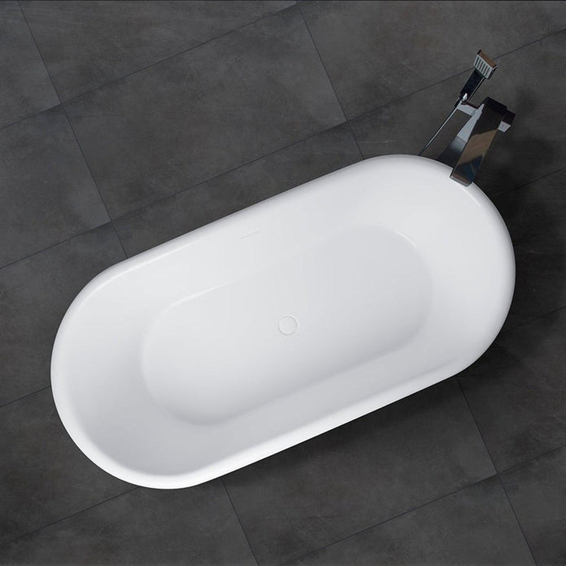 Vanity Art 67" Matte White Flatbottom Freestanding Solid Surface Resin Stone Bathtub With Slotted Overflow and Pop-up Drain