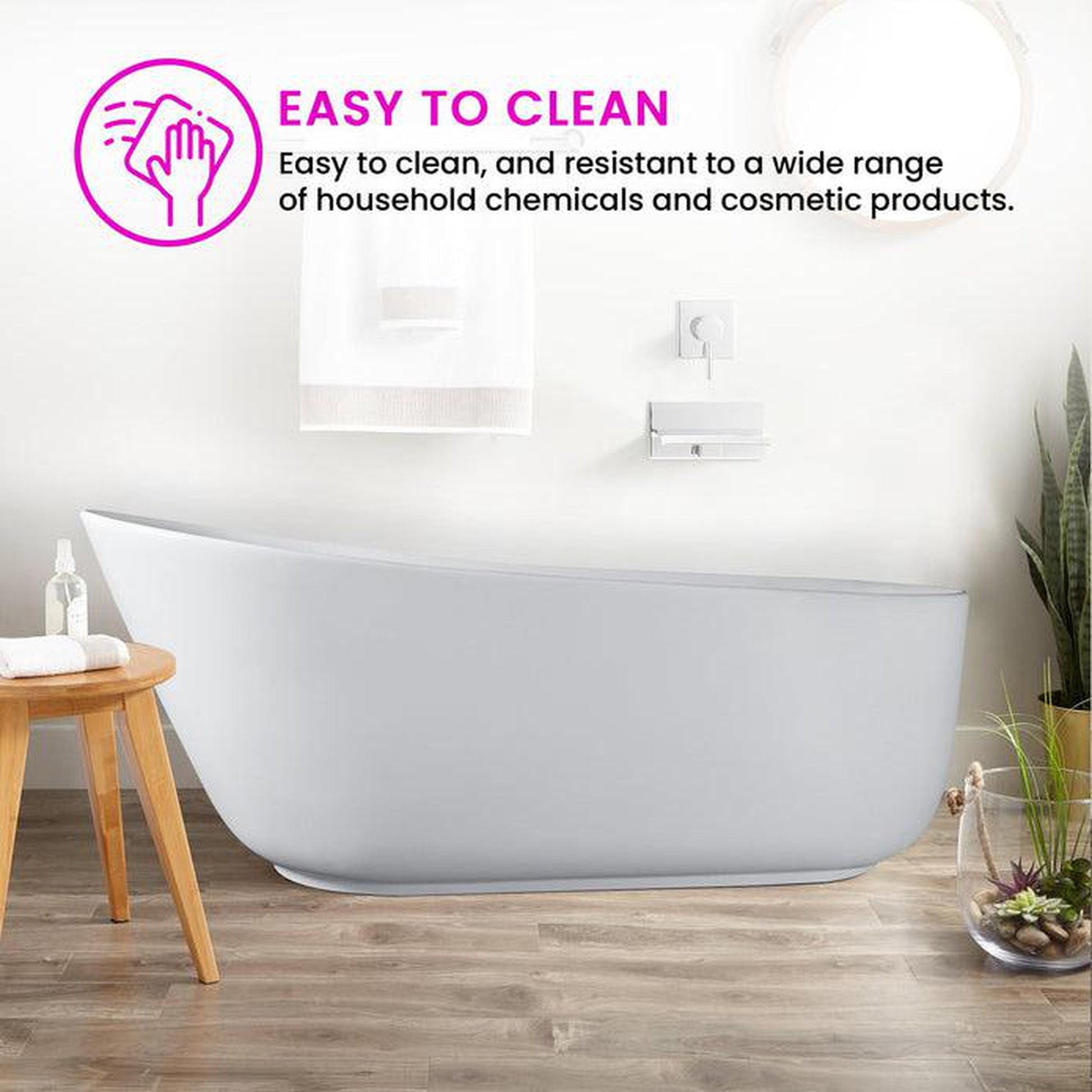 Vanity Art 67" Matte White Solid Surface Resin Stone Freestanding Flatbottom Bathtub With Overflow and Pop-up Drain