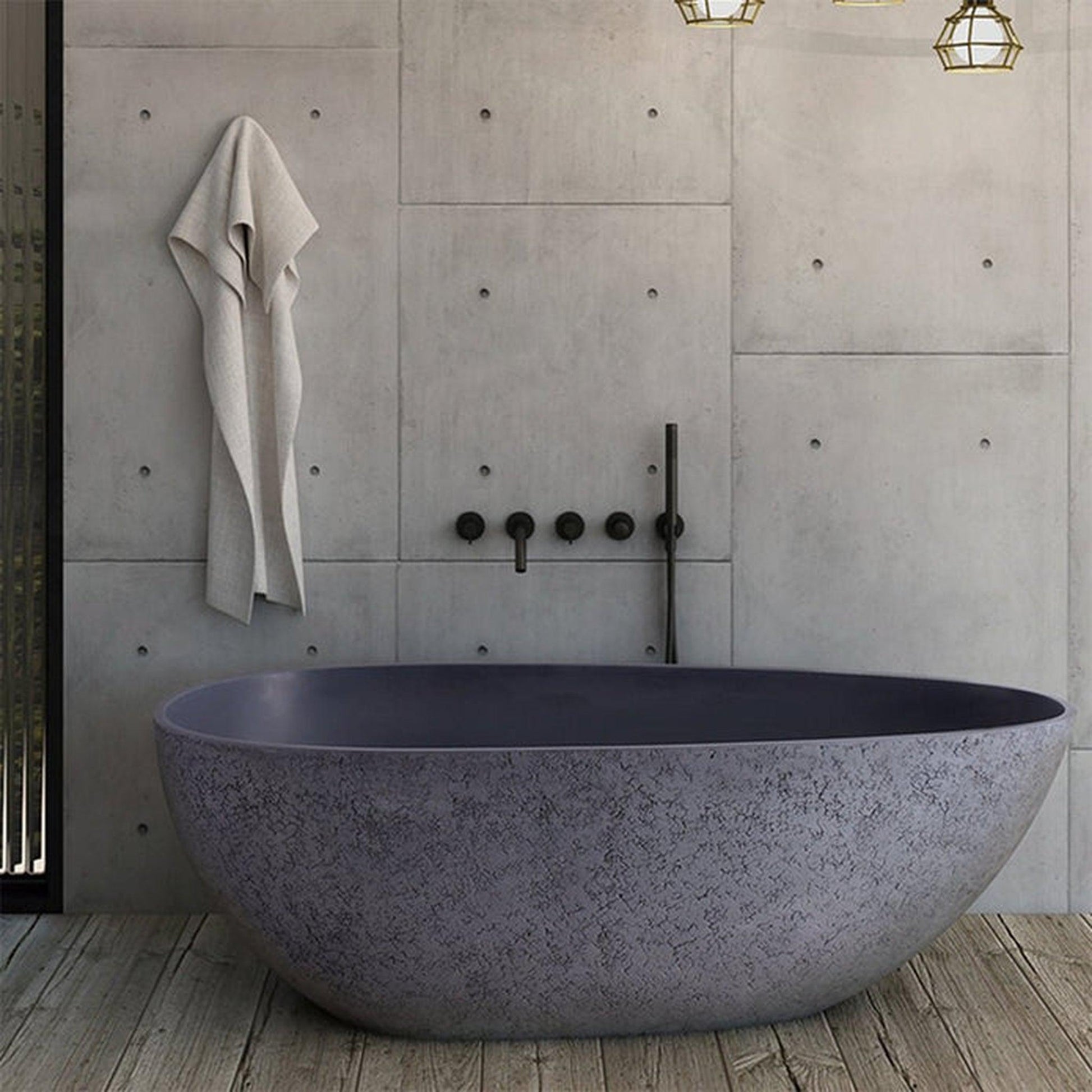 Vanity Art 67" W x 22" H Gray Solid Surface Resin Stone Freestanding Soaking Bathtub With Slotted Overflow and Pop-up Drain