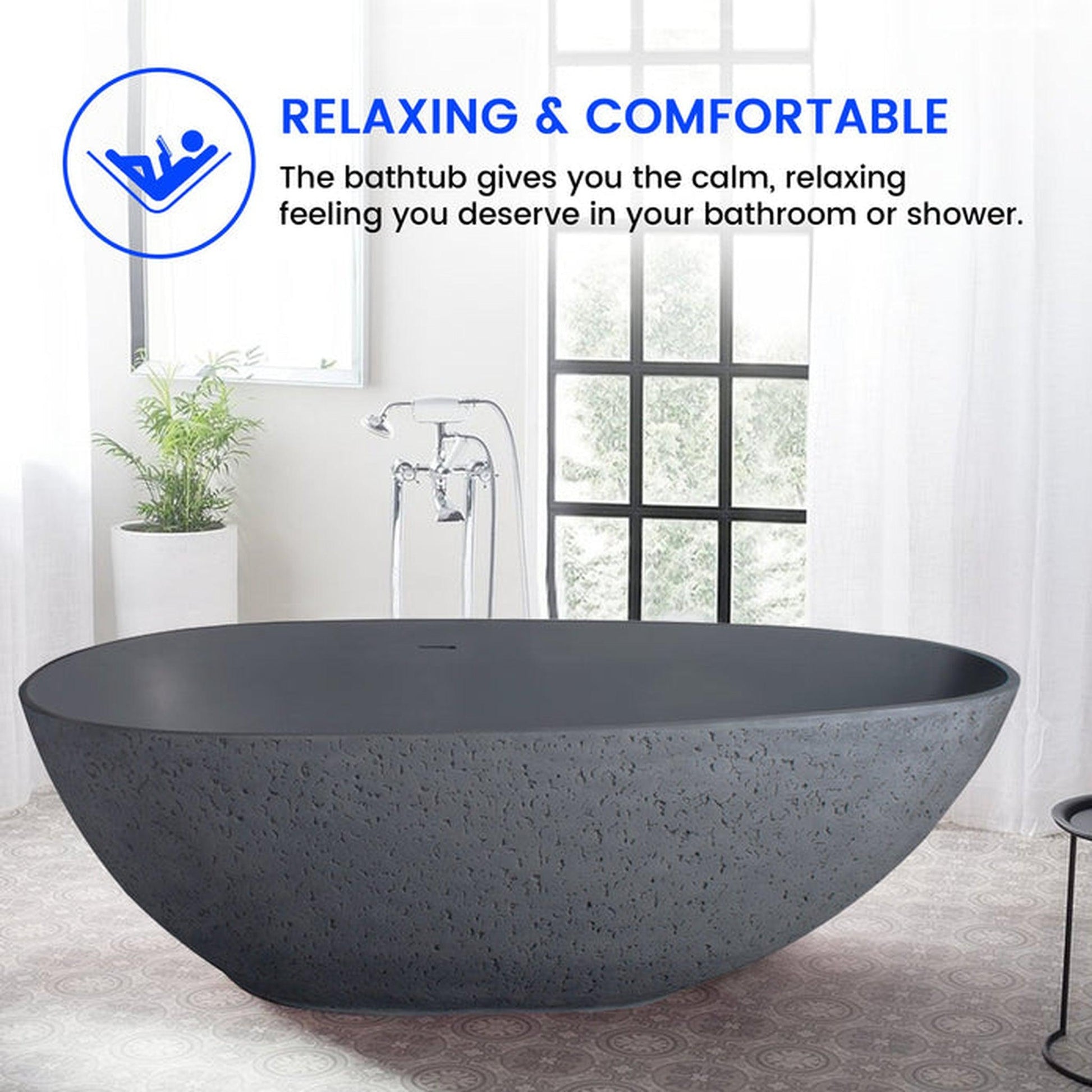Vanity Art 67" W x 22" H Gray Solid Surface Resin Stone Freestanding Soaking Bathtub With Slotted Overflow and Pop-up Drain