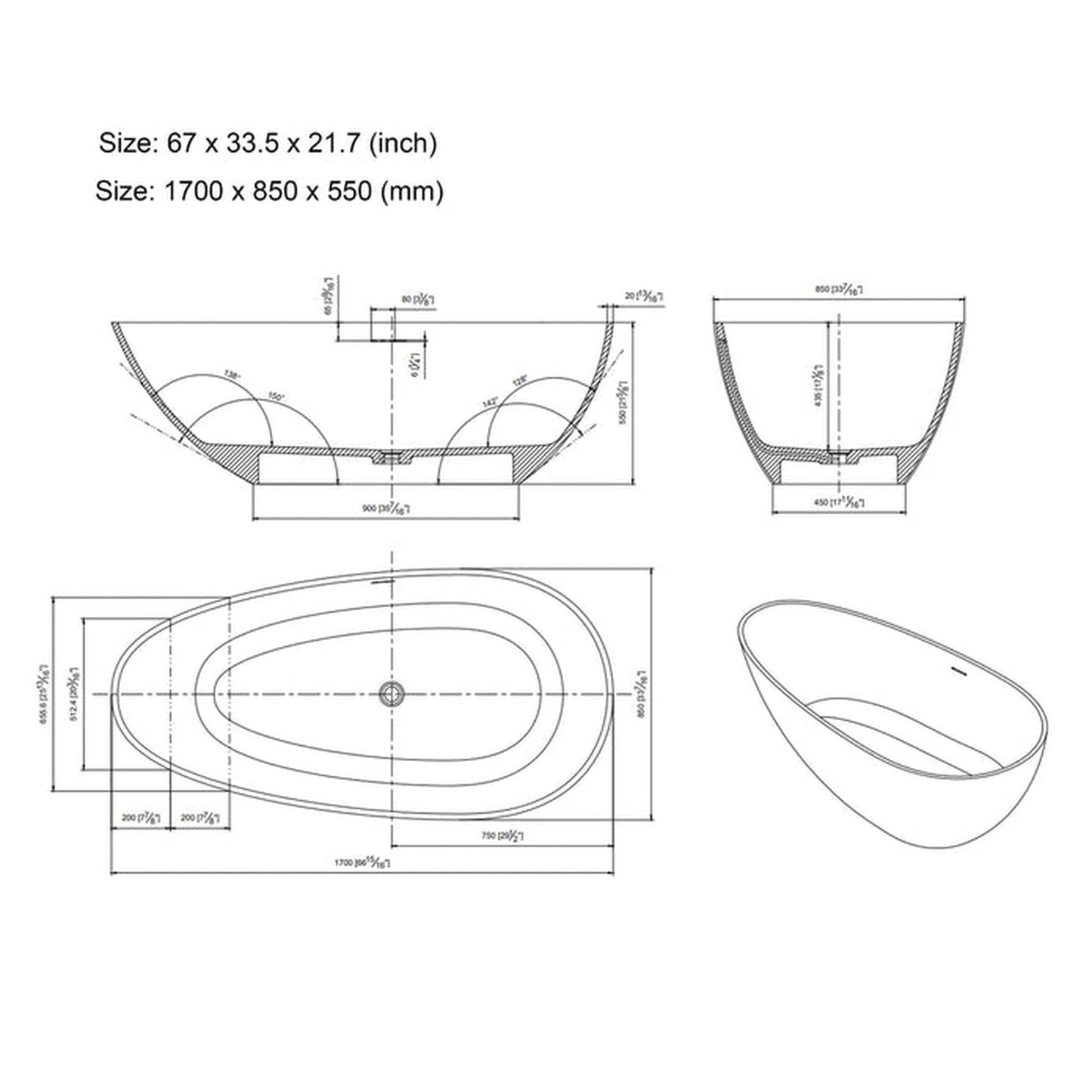 Vanity Art 67" W x 22" H Gray Solid Surface Resin Stone Freestanding Soaking Bathtub With Slotted Overflow and Pop-up Drain