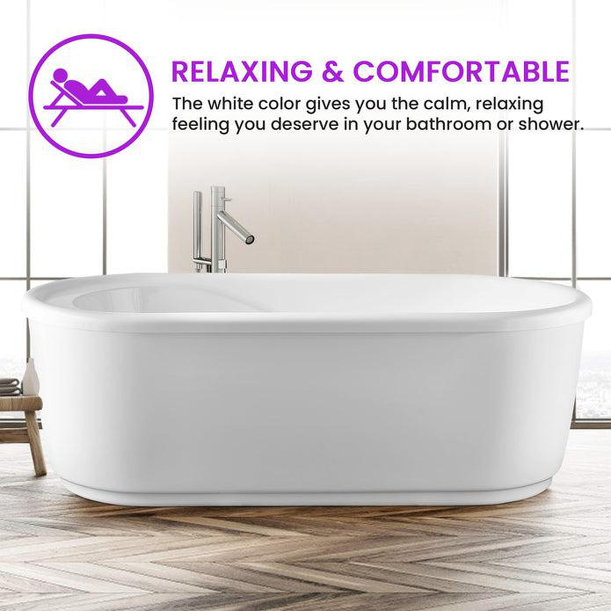 Vanity Art 67" W x 23" H White Acrylic Freestanding Bathtub With Polished Chrome Round Overflow and Pop-up Drain