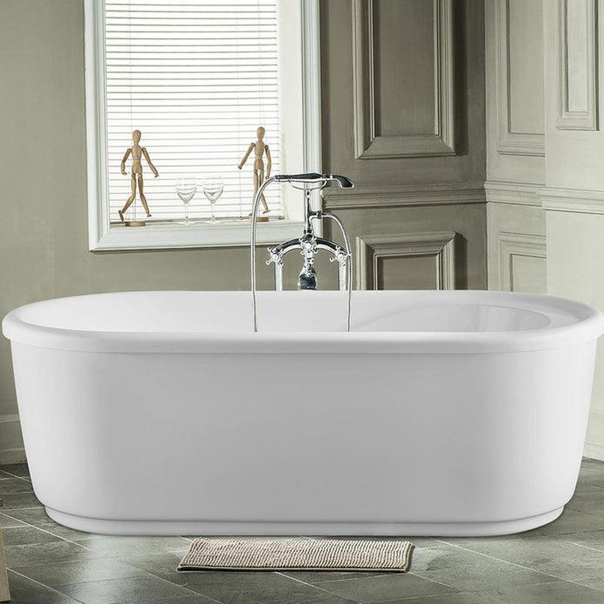 Vanity Art 67" W x 23" H White Acrylic Freestanding Bathtub With Polished Chrome Round Overflow and Pop-up Drain